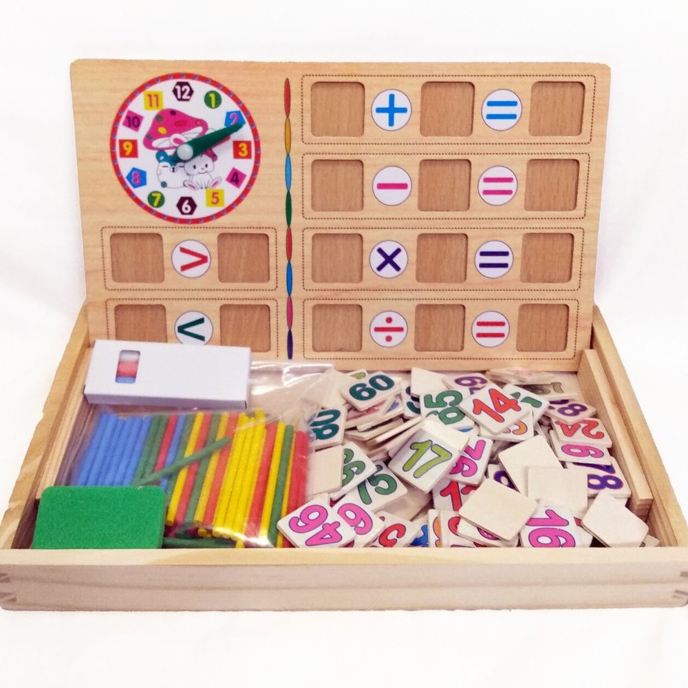 Preschool Montessori Learning Box-Blackboard/Numbers/Clock/Counting Sticks (1)
